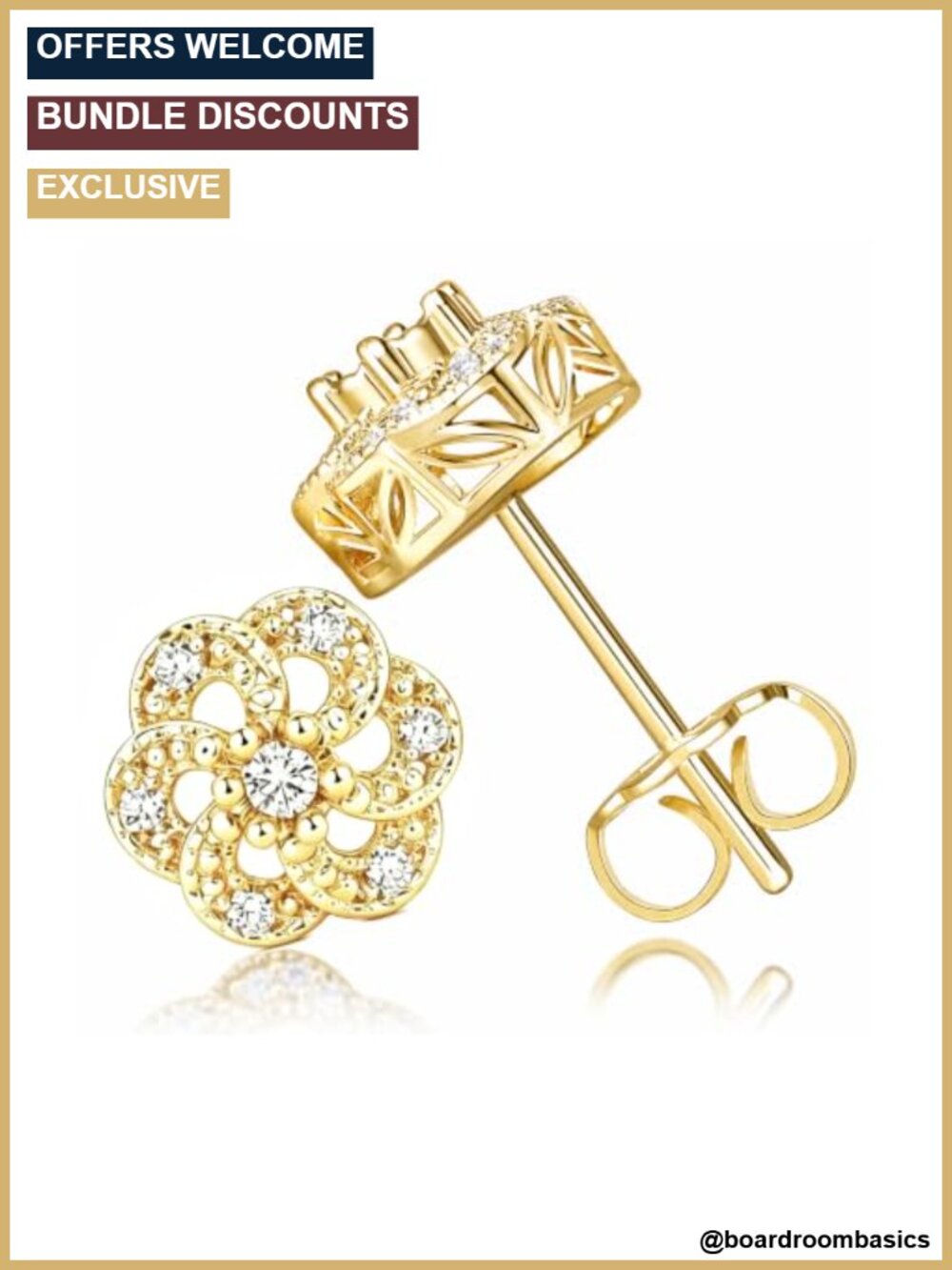 14k Gold Plated CZ Flower Stud Earrings Push Back Dainty